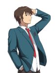  1boy absurdres blazer breast_pocket brown_eyes brown_hair brown_pants collared_shirt commentary_request green_jacket hand_in_pocket hand_on_own_head highres jacket kita_high_school_uniform kyon long_sleeves looking_at_viewer male_focus necktie open_clothes open_jacket pants pocket red_necktie school_uniform shirt short_hair solo suzumiya_haruhi_no_yuuutsu untucked_shirt upper_body white_shirt winter_uniform yazawaayu 