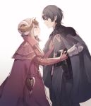  1boy 1girl black_gloves bridal_gauntlets byleth_(fire_emblem) byleth_(male)_(fire_emblem) cloak commentary_request double_bun dress edelgard_von_hresvelg fire_emblem fire_emblem:_three_houses gloves hair_bun hand_on_another&#039;s_chest hetero holding_hands horn_ornament horns ichi_(dndk01) looking_at_another red_bridal_gauntlets red_cloak red_dress short_hair white_hair 