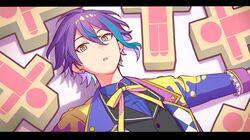  1boy arms_at_sides black_vest blue_shirt coat collared_shirt highres isono_skyk kamishiro_rui long_sleeves looking_at_viewer lying male_focus neck_ribbon nina_(vocaloid) on_back open_mouth project_sekai purple_coat ribbon shirt solo vest yellow_eyes yellow_ribbon 