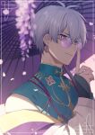  1boy aiue_o_eiua facing_to_the_side finger_to_mouth green_shirt highres idolish7 japanese_clothes kimono kimono_on_shoulders light_purple_hair male_focus oil-paper_umbrella osaka_sougo pink_background purple_petals shirt shushing solo sunglasses umbrella violet_eyes white_kimono 