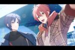  2boys aiue_o_eiua black_shirt blue_eyes blue_hair blue_jacket brown_coat closed_mouth coat collared_shirt highres hood hood_down hoodie idolish7 izumi_iori jacket long_sleeves male_focus multiple_boys nanase_riku open_mouth red_eyes red_hoodie redhead shirt smile suspenders teeth turtleneck 