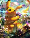  8686island animal_focus blurry blurry_foreground brown_eyes closed_mouth electricity grass holding holding_poke_ball house leaf no_humans petals pikachu poke_ball poke_ball_(basic) pokemon pokemon_(anime) pokemon_(creature) sitting smile solo 