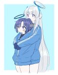  2girls aged_down blue_archive blue_gloves commentary_request cowboy_shot gloves grey_hair halo headphones hug hug_from_behind jacket kyuuri_(miyako) long_hair mechanical_halo multiple_girls noa_(blue_archive) purple_hair star_sticker sticker_on_face track_jacket violet_eyes yuuka_(blue_archive) yuuka_(track)_(blue_archive) 