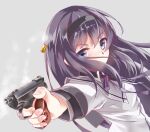  1girl akemi_homura black_hair black_hairband commentary dutch_angle eyelashes fingernails floating_hair foreshortening grey_background gun hairband handgun highres holding holding_gun holding_weapon long_hair long_sleeves longmei_er_de_tuzi looking_at_viewer mahou_shoujo_madoka_magica makarov_pm neck_ribbon outstretched_arm pointing_weapon purple_ribbon ribbon serious shell_casing shirt simple_background solo upper_body v-shaped_eyebrows very_long_hair violet_eyes weapon white_shirt wing_collar 