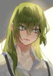  1boy androgynous bishounen closed_mouth collarbone enkidu_(fate) eyelashes fate/grand_order fate_(series) green_hair grey_eyes hair_between_eyes highres kujiraoka light_particles long_hair looking_to_the_side male_focus portrait robe sidelighting solo white_robe 