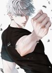  1boy artist_name bishounen black_shirt blue_eyes clenched_hand fighting_stance floating_hair gojou_satoru highres jujutsu_kaisen looking_at_viewer male_focus parted_lips reaching reaching_towards_viewer s0311_tre shirt simple_background solo upper_body veins veiny_arms veiny_hands watermark white_background white_hair 