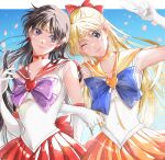  2girls absurdres bishoujo_senshi_sailor_moon blonde_hair blue_eyes bow brown_hair choker earrings elbow_gloves eyes_visible_through_hair gloves hair_bow highres jewelry long_hair looking_at_viewer multiple_girls one_eye_closed revd3448 sailor_collar sailor_mars sailor_senshi_uniform sailor_venus smile violet_eyes white_gloves 