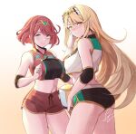  2girls absurdres alternate_costume ball bare_shoulders blonde_hair blush breasts chest_jewel cowboy_shot dangle_earrings earrings elbow_sleeve gem gym_shorts headpiece highres holding holding_ball jersey jewelry large_breasts long_hair looking_at_viewer looking_back multiple_girls mythra_(xenoblade) pyra_(xenoblade) red_shorts redhead senacolada shirt short_hair short_shorts shorts simple_background sleeveless sleeveless_shirt smile sportswear standing swept_bangs tiara volleyball volleyball_uniform xenoblade_chronicles_(series) xenoblade_chronicles_2 yellow_eyes 