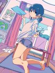  barefoot black_shorts blue_hair calendar_(object) curtains expressionless from_behind from_below green_eyes half-closed_eyes holding holding_paper holding_scissors indoors kneeling looking_at_viewer loose_clothes map_(object) original paper sakadakei scissors shirt short_twintails shorts twintails white_shirt window 