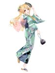  1girl :d animal_print blonde_hair cat_print dairoku_ryouhei erisha_paltier floral_print full_body green_kimono hair_ornament highres japanese_clothes kimono kinchaku long_hair long_sleeves looking_at_viewer mask mask_removed ponytail pouch sandals shima_(shima46653800) smile solo standing transparent_background yellow_eyes yukata 