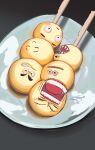  absurdres blush closed_mouth cursed_emoji emoji food food_focus highres meme no_humans open_mouth original plate potatomochii sharp_teeth smile teeth 