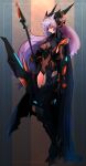  1girl black_cape boots cape closed_eyes closed_mouth full_body gloves high_heel_boots high_heels highres holding holding_polearm holding_weapon long_hair looking_down maria_cadenzavna_eve pink_hair polearm senki_zesshou_symphogear solo spear thigh-highs thigh_boots vegs weapon 
