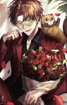  1boy absurdres akira_(a_ki_ra_8_9) animal animal_on_head bespectacled black_shirt bouquet brown_hair buttoned_cuffs buttons character_name collared_jacket commentary_request curtained_hair dated earrings english_commentary feet_out_of_frame flower glasses glint gold_earrings gold_necklace gold_ring green-tinted_eyewear green_eyes happy_birthday highres holding holding_bouquet jacket jewelry lapels leaf long_hair looking_at_object looking_up lower_teeth_only male_focus mixed-language_commentary necklace notched_lapels on_head open_collar open_mouth pants reaching red_flower red_jacket red_pants red_rose ring rose round_eyewear shirt short_hair signature sitting solo star_(symbol) star_earrings suit_jacket tanuki teeth tinted_eyewear twitter_username urashimasakatasen uratanuki utaite very_long_hair yamadanuki yellow-framed_eyewear 