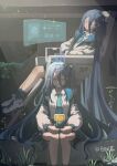  &lt;key&gt;_(blue_archive) &lt;key&gt;_(robot)_(blue_archive) 2girls absurdly_long_hair aqua_necktie aris_(blue_archive) baw_hei black_skirt black_socks blue_archive closed_eyes closed_mouth collarbone collared_shirt commentary_request dual_persona hairband halo highres holographic_monitor jacket light_smile long_hair long_sleeves multiple_girls necktie open_clothes open_jacket ruins shirt short_necktie skirt sleeping socks very_long_hair white_footwear white_jacket white_shirt 