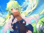  1girl absurdres alternate_hairstyle animal_ears bird blush book cape clouds crystalfly_(genshin_impact) dated day field genshin_impact gloves green_hair hair_between_eyes hair_down highres holding holding_book leotard light_green_hair long_hair long_sleeves looking_at_viewer multicolored_hair no_eyewear orange_eyes outdoors signature sky solo sucrose_(genshin_impact) tsukibara very_long_hair white_cape white_gloves 