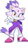  1girl animal_ears blaze_the_cat cat_ears cat_girl cat_tail cuteytcat eyelashes forehead_jewel fur-trimmed_footwear fur-trimmed_gloves fur_trim gloves gold_necklace hand_on_own_hip highres jacket jewelry looking_at_viewer necklace pants pink_footwear ponytail purple_fur purple_jacket smile sonic_(series) tail white_background white_gloves white_pants yellow_eyes 