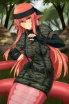  1girl black_bodysuit black_gloves black_headband bodysuit breasts camouflage_dress closed_mouth cosplay english_commentary fingerless_gloves forest gloves hair_between_eyes harness headband highres lamia large_breasts lindaroze long_hair looking_at_viewer metal_gear_(series) metal_gear_solid miia_(monster_musume) monster_girl monster_musume_no_iru_nichijou nature outdoors pointy_ears pouch red_scales redhead scales short_sleeves sidelocks slit_pupils smile solid_snake solid_snake_(cosplay) solo tail very_long_hair web_address yellow_eyes 