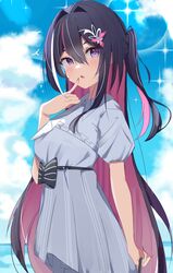  1girl absurdres azki_(4th_costume)_(hololive) azki_(hololive) black_hair blue_sky blush braid brown_jacket clouds collared_dress colored_inner_hair dress finger_to_mouth french_braid hair_ornament highres hololive jacket liyaku long_hair looking_at_viewer multicolored_hair nail_polish official_alternate_costume open_mouth pink_hair purple_hair red_nails short_ponytail sky solo virtual_youtuber white_dress 