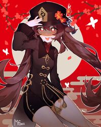  1girl :d black_nails black_shorts blush bright_pupils brown_coat brown_hair brown_headwear coat coattails egasumi flower flower-shaped_pupils genshin_impact hat hat_flower hat_tassel highres hu_tao_(genshin_impact) long_hair long_sleeves looking_at_viewer mandarin_collar mary_felizola open_mouth orange_eyes red_background shorts signature smile solo symbol-shaped_pupils teeth twintails upper_teeth_only white_pupils 