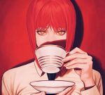  1girl black_necktie blunt_bangs close-up collared_shirt cup demon demon_girl expressionless holding holding_cup holding_saucer looking_at_viewer makima_(chainsaw_man) monhshur_r necktie redhead ringed_eyes saucer shirt sidelocks solo teacup white_shirt yellow_eyes 