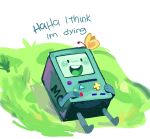  adventure_time adventure_time:fionna_and_cake bmo bug butterfly english_text game_console handheld_game_console highres lying no_humans on_back open_mouth smile solo yellow_butterfly yen0028 