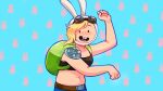  adventure_time:fionna_and_cake animal_ears backpack bag belt black_bra blonde_hair blue_shorts bra buck_teeth clenched_hands easy_breezy eizouken_ni_wa_te_wo_dasu_na! english_commentary fake_animal_ears fionna_the_human_girl goggles goggles_on_head green_bag highres looking_at_viewer midriff navel no_shirt open_mouth rabbit rabbit_ears round_eyewear shorts simple_background single_shoulder_pad standing teeth underwear winnie62123994 