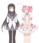  2girls ^_^ akemi_homura black_hair black_hairband black_pantyhose blush bow choker closed_eyes couple dress frilled_dress frills gloves hair_bow hairband heart kaname_madoka long_hair looking_at_another magical_girl mahou_shoujo_madoka_magica multiple_girls open_mouth pantyhose pink_choker pink_hair puffy_short_sleeves puffy_sleeves sakanaokashi short_dress short_sleeves short_twintails simple_background standing twintails violet_eyes white_background white_gloves 