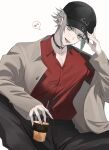  1boy adjusting_clothes adjusting_headwear aki_(aki_113) alternate_costume baseball_cap black_choker black_headwear black_pants brown_hair brown_jacket buttons choker collarbone collared_jacket collared_shirt commentary cup disposable_cup drinking_straw green_eyes hand_up hat highres holding holding_cup jacket long_sleeves looking_at_viewer male_focus multicolored_eyes musical_note mysta_rias mystake_(mysta_rias) nijisanji nijisanji_en open_clothes open_jacket open_mouth orange_eyes pants red_shirt shirt shirt_tucked_in short_hair sidelocks simple_background sitting sleeves_past_wrists smile solo speech_bubble spoken_musical_note tongue tongue_out virtual_youtuber white_background wing_collar 