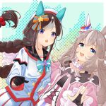  2girls absurdres animal_ears beret black_gloves blue_eyes bow bowtie braid breasts bridal_gauntlets brown_hair ear_covers gloves grey_hair hair_bobbles hair_ornament hat highres hokko_tarumae_(umamusume) horse_ears jacket long_hair long_sleeves looking_at_viewer multicolored_hair multiple_girls open_mouth pink_jacket skirt small_breasts smile solarisyuri! streaked_hair twin_braids umamusume upper_body violet_eyes white_headwear white_jacket white_skirt wonder_acute_(umamusume) 