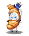 blue_eyes blue_hair chibi comedy croissant drop-shaped_pupils food furina_(genshin_impact) hat light_blue_hair multicolored_hair top_hat watermark white_background