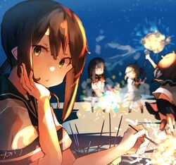  4girls black_hair blue_sailor_collar brown_eyes fireworks fubuki_(kancolle) hand_on_own_face hatsuyuki_(kancolle) highres holding_fireworks kantai_collection miyuki_(kancolle) multiple_girls night night_sky pleated_skirt ponytail sailor_collar school_uniform serafuku sidelocks skirt sky solo_focus sparkler sunday_aki upper_body usugumo_(kancolle) 