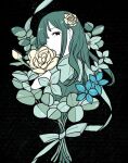  1girl ainousoko black_background bouquet dot_mouth flower green_hair green_shirt green_theme hair_over_one_eye highres long_hair looking_to_the_side one_eye_covered original shirt short_sleeves sidelocks simple_background solo upper_body 