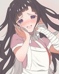  1girl :3 :d absurdres apron aroused bandaged_arm bandages black_hair blunt_bangs blunt_ends blush commentary_request danganronpa_(series) danganronpa_2:_goodbye_despair eyelashes floating_hair furrowed_brow grey_background hands_on_own_cheeks hands_on_own_face hands_up head_tilt highres long_hair looking_at_viewer mole mole_under_eye nose_blush nurse open_mouth pink_shirt shirt short_sleeves simple_background smile solo straight_hair taku_hanamiyap teeth tsumiki_mikan upper_body upper_teeth_only very_long_hair violet_eyes white_apron 