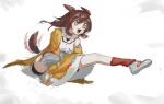  +_+ :d animal_collar animal_ears bone_hair_ornament bone_print brown_eyes brown_hair brown_tail cartoon_bone collar dog_ears dog_girl dog_tail dress fang hair_ornament highres hololive inugami_korone inugami_korone_(1st_costume) jacket jumping midair open_mouth potatomochii red_collar red_socks shorts_under_dress skin_fang smile socks tail virtual_youtuber white_dress yellow_jacket 