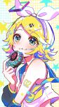  1girl :t absurdres aqua_eyes bare_shoulders blonde_hair blue_sailor_collar blush bow chewing colorful crop_top detached_sleeves doughnut eating food food_in_mouth grid_background hair_bow hair_ornament hairclip headphones headset highres kagamine_rin looking_at_viewer midriff_peek multicolored_background neckerchief number_tattoo pafufu pale_skin sailor_collar sailor_shirt shirt short_hair shoulder_tattoo sleeveless sleeveless_shirt smile solo tattoo treble_clef upper_body vocaloid white_bow yellow_background yellow_nails yellow_neckerchief 