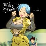  1boy 1girl amartbee ass blue_hair blush bra breasts bulma closed_eyes dragon_ball dragon_ball_super dragon_ball_super_super_hero earrings english_text gloves grey_bra happy heart highres jacket jewelry navel short_hair teeth underwear upper_teeth_only vegeta white_gloves yellow_jacket 