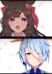  2girls absurdres animal_ears black_hair blue_eyes blush bow closed_mouth commentary_request daiichi_ruby_(umamusume) drill_hair hair_bow hair_ornament highres horse_ears izu_lemon k.s.miracle_(umamusume) multiple_girls official_style open_mouth parody portrait slap_mark style_parody translation_request umamusume uniform violet_eyes white_background 