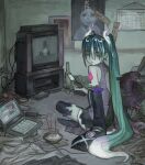  1girl arm_support bags_under_eyes bare_shoulders black_skirt black_thighhighs blue_hair bottle bowl calendar_(object) cellphone closed_mouth computer detached_sleeves dvd_player flip_phone frown full_body ghost_miku_(project_voltage) glitch gradient_hair green_hair grey_shirt hair_between_eyes hatsune_miku holding holding_phone indoors laptop long_hair looking_at_viewer looking_back messy_room mismagius multicolored_hair muted_color ofuda on_floor pale_skin phone pokemon pokemon_(creature) poster_(object) project_voltage shirt sitting skirt sleeves_past_fingers sleeves_past_wrists solo television the_ring thigh-highs twintails very_long_hair vocaloid will-o&#039;-the-wisp_(mythology) wuwuren yamamura_sadako yellow_eyes 