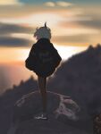  1girl absurdres black_horns black_jacket blue_footwear blurry blurry_background clouds highres hood hooded_jacket horns jacket morning mountain on_rock original outdoors potatomochii short_hair single_horn sky solo sunrise white_hair 