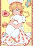  1girl apron back_bow blonde_hair blue_eyes blush bow braided_hair_rings checkerboard_cookie chef chef_hat clenched_hands cookie cream dress earrings english_commentary food frills hat heart-shaped_cookie highres holding jewelry looking_down nose_blush parted_lips pastry_bag pastry_chef_peach plaid plaid_dress princess_peach princess_peach:_showtime! puffy_short_sleeves puffy_sleeves red_lips short_sleeves softp3ach solo sphere_earrings super_mario_bros. twitter_username yellow_background 