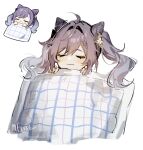  1girl :3 ahoge blanket braid closed_eyes closed_mouth cone_hair_bun double_bun genshin_impact genshin_impact_sticker_redraw_(meme) hair_bun highres keqing_(genshin_impact) mary_felizola medium_hair meme purple_hair reference_inset signature simple_background solo under_covers white_background 