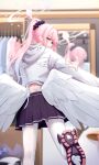  1girl absurdres angel_wings blue_archive daran9 halo highres hood hoodie mika_(blue_archive) mirror pantyhose pink_hair pink_halo pleated_skirt ponytail reflection shoes skirt solo white_hoodie white_pantyhose wings 