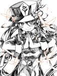  1girl closed_mouth flower flower-shaped_pupils futamoji genshin_impact hat hat_flower hat_tassel hatching_(texture) hu_tao_(genshin_impact) long_hair long_sleeves looking_at_viewer monochrome own_hands_together sketch smile solo symbol-shaped_pupils twintails upper_body 