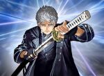  1boy blue_background blue_coat blue_eyes closed_mouth coat devil_may_cry_(series) devil_may_cry_5 fingerless_gloves gloves holding holding_sword holding_weapon kagurabachi katana male_focus parody short_hair simple_background solo style_parody subakeye sword third-party_edit vergil_(devil_may_cry) weapon white_background white_hair yamato_(sword) 
