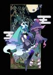  1girl aqua_hair back_cutout bare_shoulders black_thighhighs branch chandelure clothing_cutout commentary detached_arm detached_legs detached_sleeves dreepy duskull english_commentary fire floating full_body full_moon ghost_miku_(project_voltage) glitch grass grey_shirt hair_between_eyes hatsune_miku highres lampent leaf litwick long_hair looking_at_viewer looking_back mismagius moon outdoors pale_skin pokemon pokemon_(creature) project_voltage see-through see-through_skirt shirt shuppet signature skirt sleeves_past_fingers sleeves_past_wrists solo thigh-highs tombstone twintails very_long_hair vocaloid will-o&#039;-the-wisp_(mythology) yellow_eyes yotsu_kado 