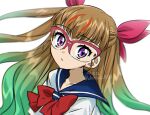  1girl brown_hair glasses hair_ribbon knhrpnkt long_hair looking_at_viewer multicolored_hair neckerchief ohdo_yuamu parted_lips red-framed_eyewear red_neckerchief red_ribbon ribbon school_uniform serafuku simple_background two-tone_hair very_long_hair violet_eyes white_background yu-gi-oh! yu-gi-oh!_go_rush!! 