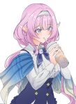 1girl absurdres blue_skirt breasts center_frills closed_mouth collared_shirt commentary cup disposable_cup drinking drinking_straw elysia_(honkai_impact) frilled_skirt frills hairband hands_up high-waist_skirt highres holding holding_cup honkai_(series) honkai_impact_3rd long_hair medium_breasts owenramos39 pink_hair pointy_ears shirt simple_background skirt solo suspender_skirt suspenders very_long_hair violet_eyes white_background white_hairband white_shirt