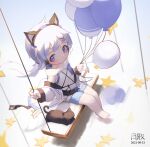  1girl absurdres animal_ears balloon barefoot black_cat blue_hair blue_shorts blush cat closed_mouth dated fake_animal_ears full_body grey_hair hair_ornament hairclip highres holding holding_balloon long_sleeves multicolored_hair original shorts signature simple_background sitting solo star_(symbol) streaked_hair swing tsukibara violet_eyes 