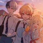  &gt;o&lt; 1girl 2boys aoyagi_touya black_hair blush clouds collarbone collared_shirt diagonal-striped_necktie fanning food frown grey_eyes grey_hair grey_pants highres holding holding_food holding_popsicle kheng_(k_heng1223) long_hair mountainous_horizon multiple_boys necktie orange_eyes outdoors pants popsicle project_sekai red_necktie sailor_collar shirt short_hair short_sleeves siblings smile sunset sweat swept_bangs tenma_saki tenma_tsukasa white_sailor_collar white_shirt 