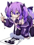 1boy bow commission commissioner_upload fins fish_tail isu_(is88) jacket non-web_source off_shoulder open_clothes open_jacket otoko_no_ko paintbrush pleated_skirt purple_bow purple_hair purple_skirt sammy_same shark shark_tail skirt solo tail thigh-highs twintails violet_eyes 